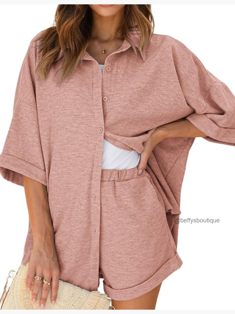 Oversized Waffle Knit Pajama Set Short Sleeve Button Down Loungewear